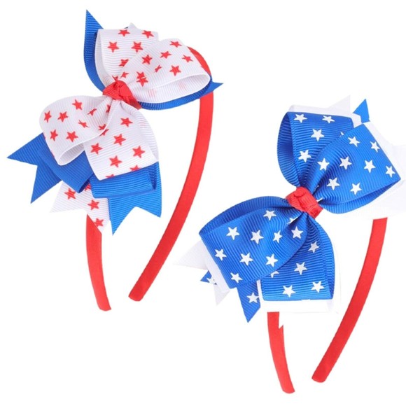 Girls July 4th Headbands Red White Blue American Flag Hair Bows, 2-Pack - Picture 1 of 3